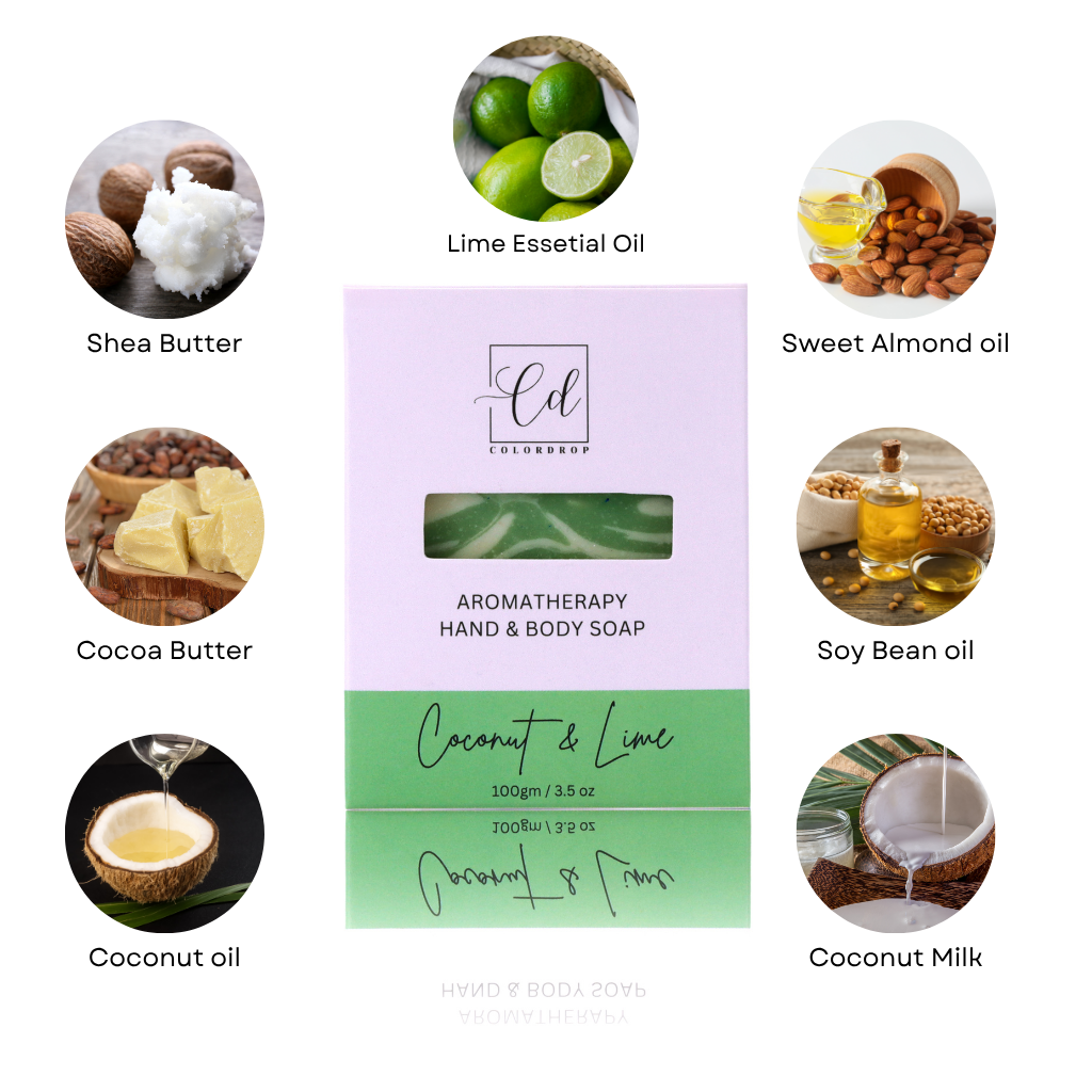 Aromatherapy hand and body soap packaging with ingredients listed around it.
