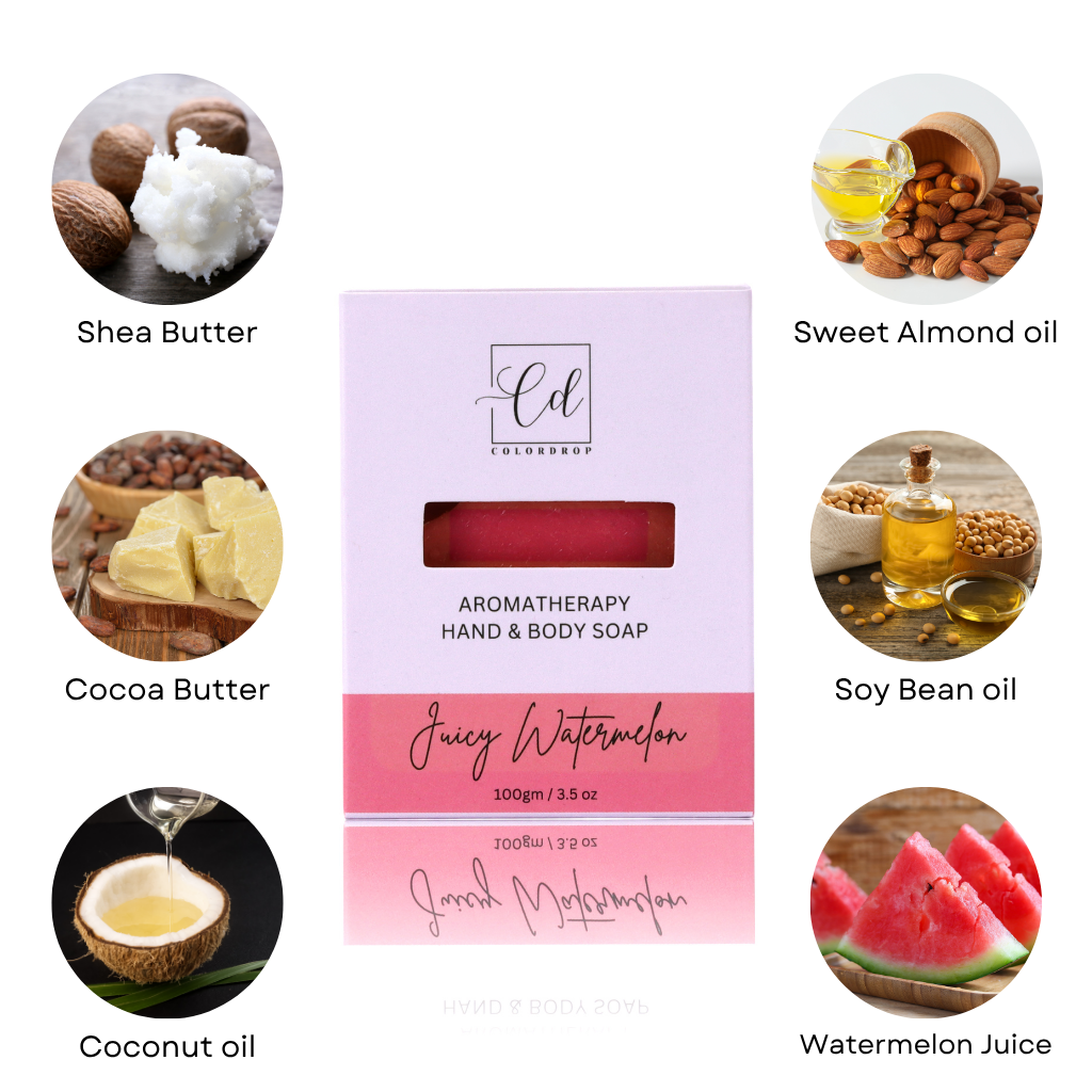 Aromatherapy hand and body soap packaging with ingredients listed around it.