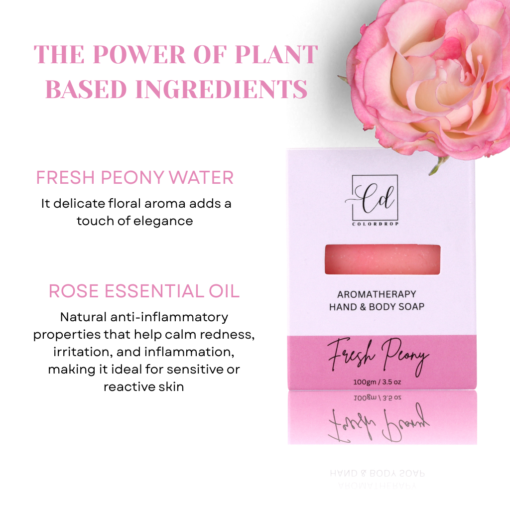 Aromatherapy hand and body soap with plant-based ingredients, featuring a pink rose and text about fresh peony water and rose essential oil.