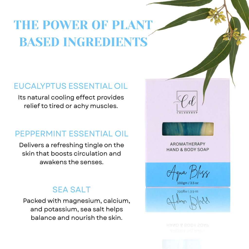 Aromatherapy hand and body soap packaging with eucalyptus essential oil, peppermint essential oil, and sea salt benefits.