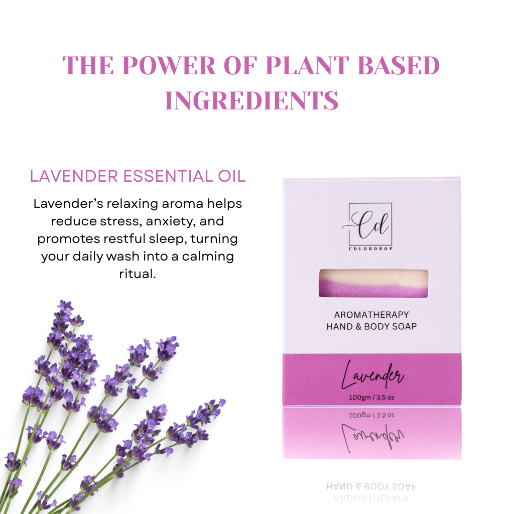 Aromatherapy hand and body soap packaging with lavender essential oil
