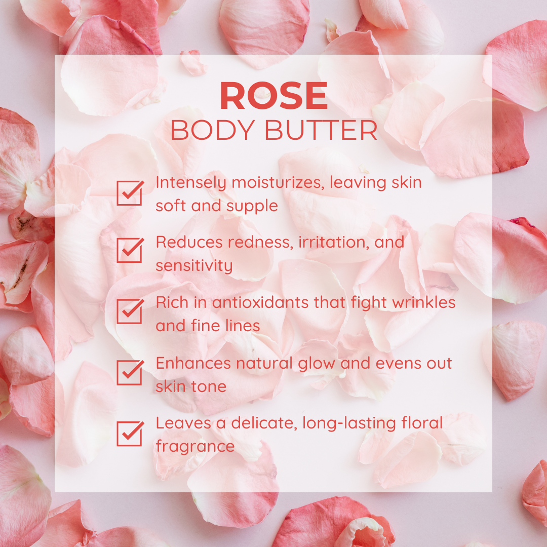 Rose Body Butter benefits displayed on a floral background with pink rose petals. Highlights include deep hydration, redness reduction, and anti-aging properties.