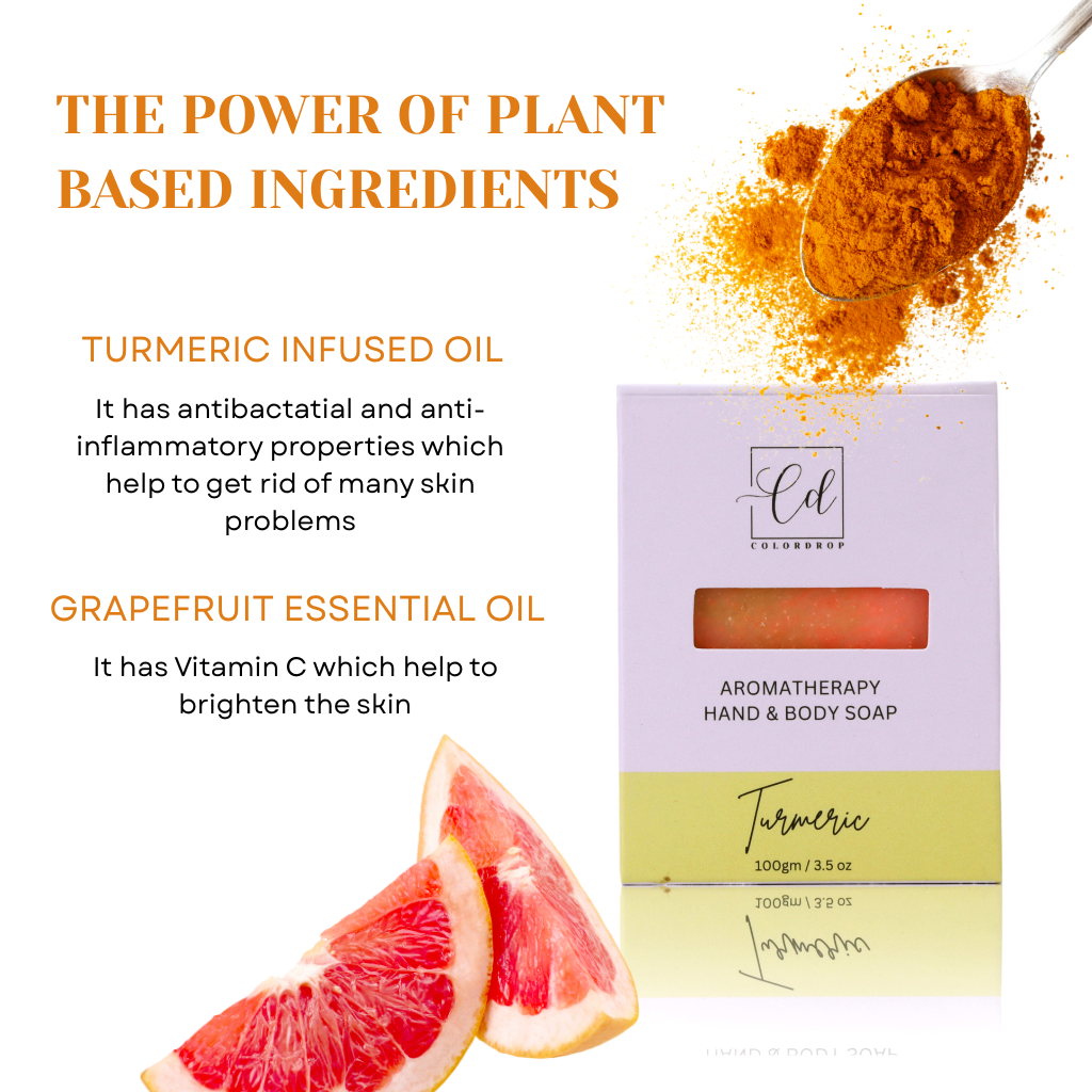 Turmeric-infused oil, grapefruit essential oil, and a bar of soap with text about plant-based ingredients.