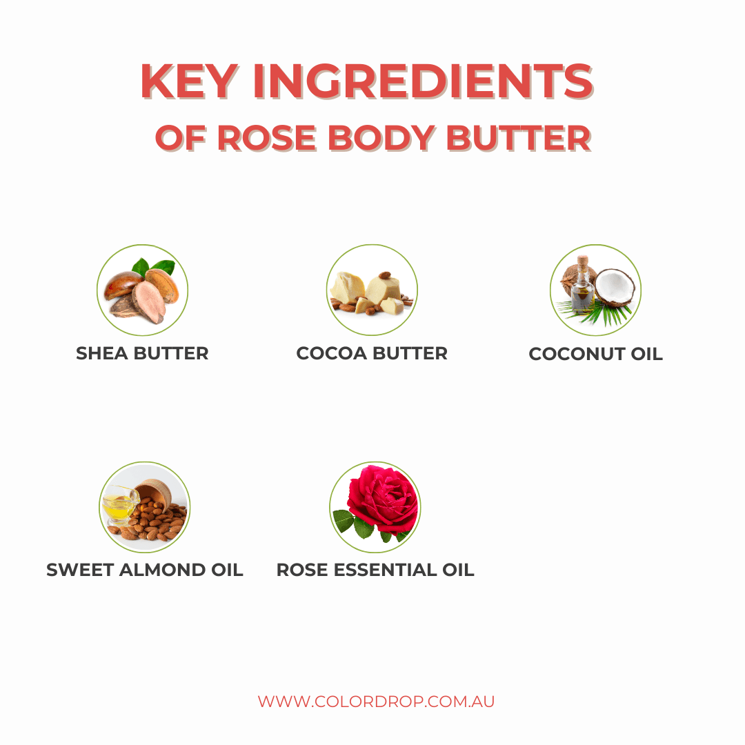 Key ingredients of Rose Body Butter by Colordrop, featuring shea butter, cocoa butter, coconut oil, sweet almond oil, and rose essential oil.