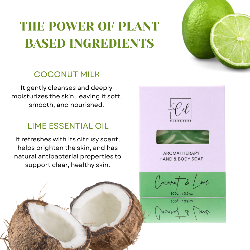 Aromatherapy hand and body soap packaging with lime essential oil and coconut milk benefits