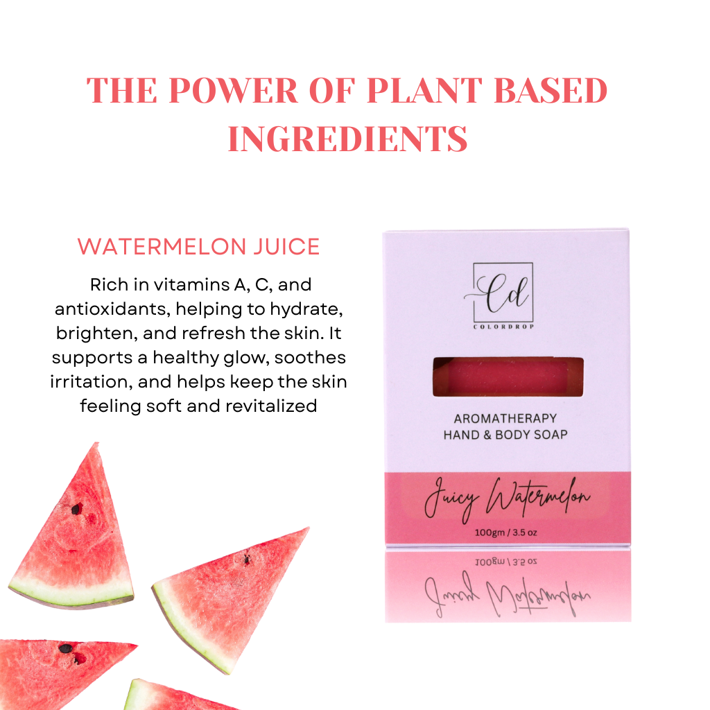 Aromatherapy hand and body soap packaging with watermelon juice benefits