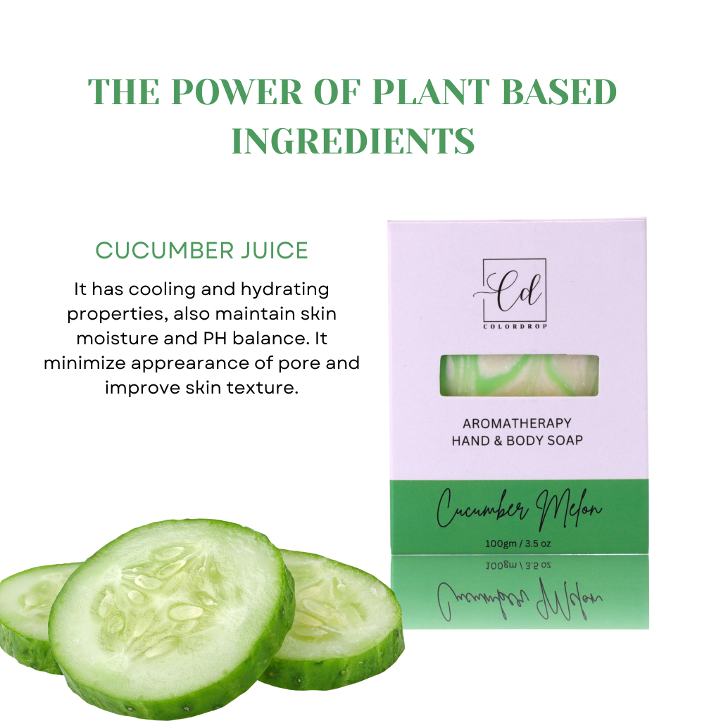 Aromatherapy hand and body soap packaging with cucumber juice benefts.