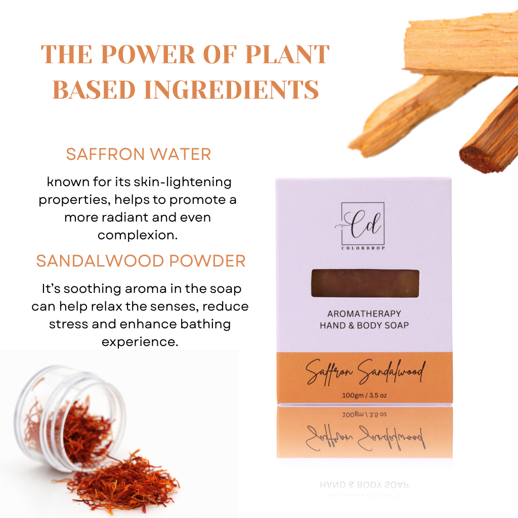 Sandalwood powder and saffron water with a soap packaging on a white background, highlighting plant-based ingredients.