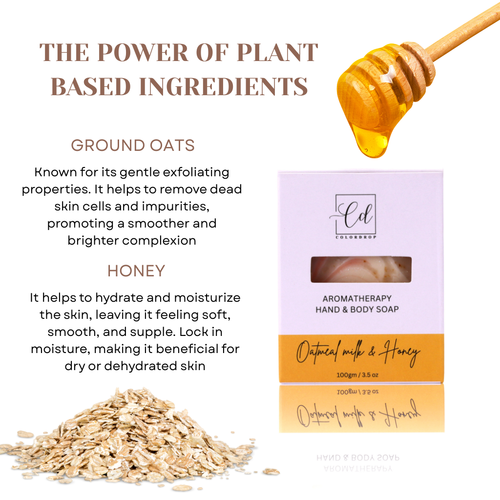 Aromatherapy hand and body soap packaging with ground oats and honey benefits