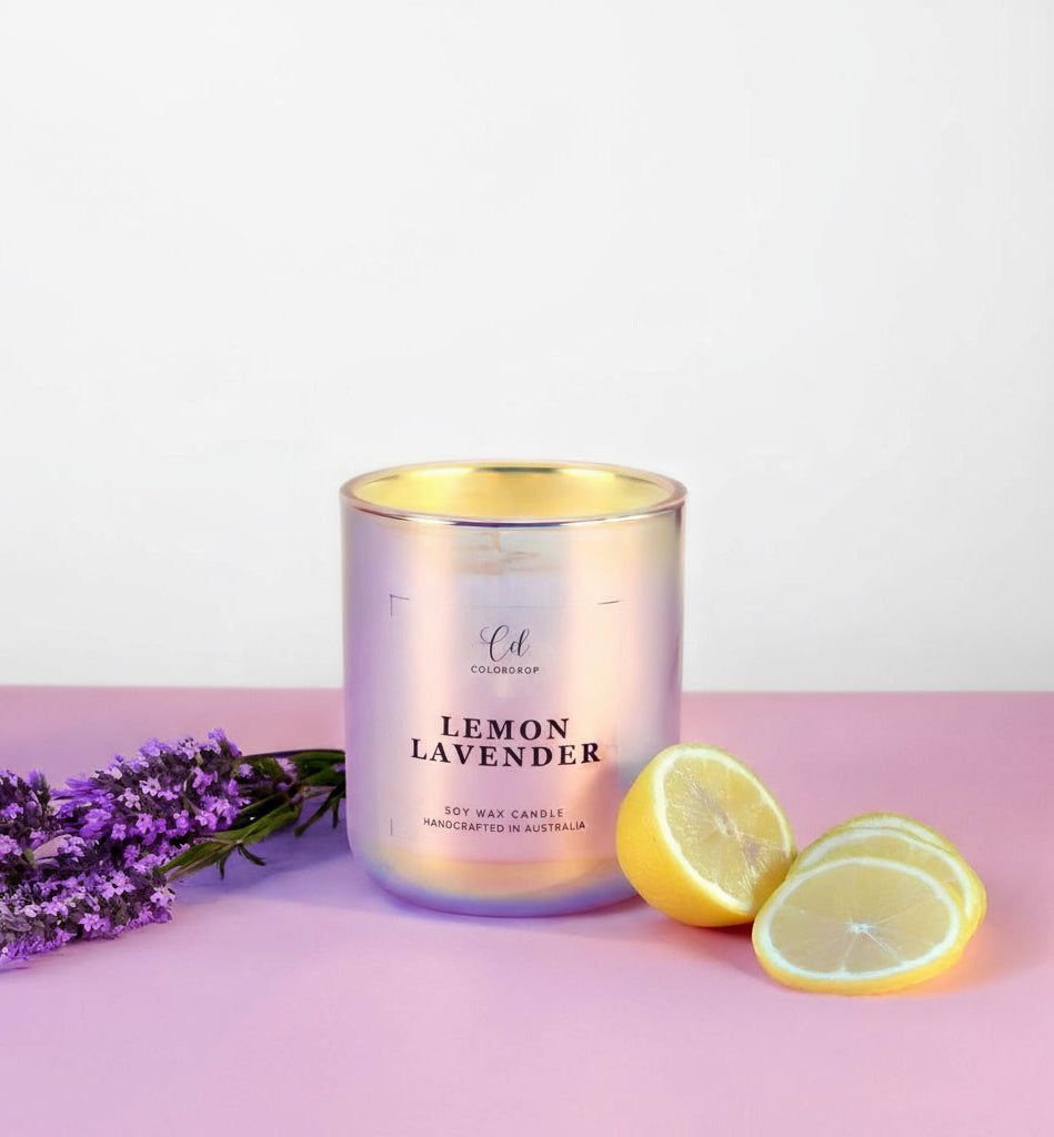 Hand-poured lemon lavender candle for aromatherapy with notes of fresh lemon and lavender
