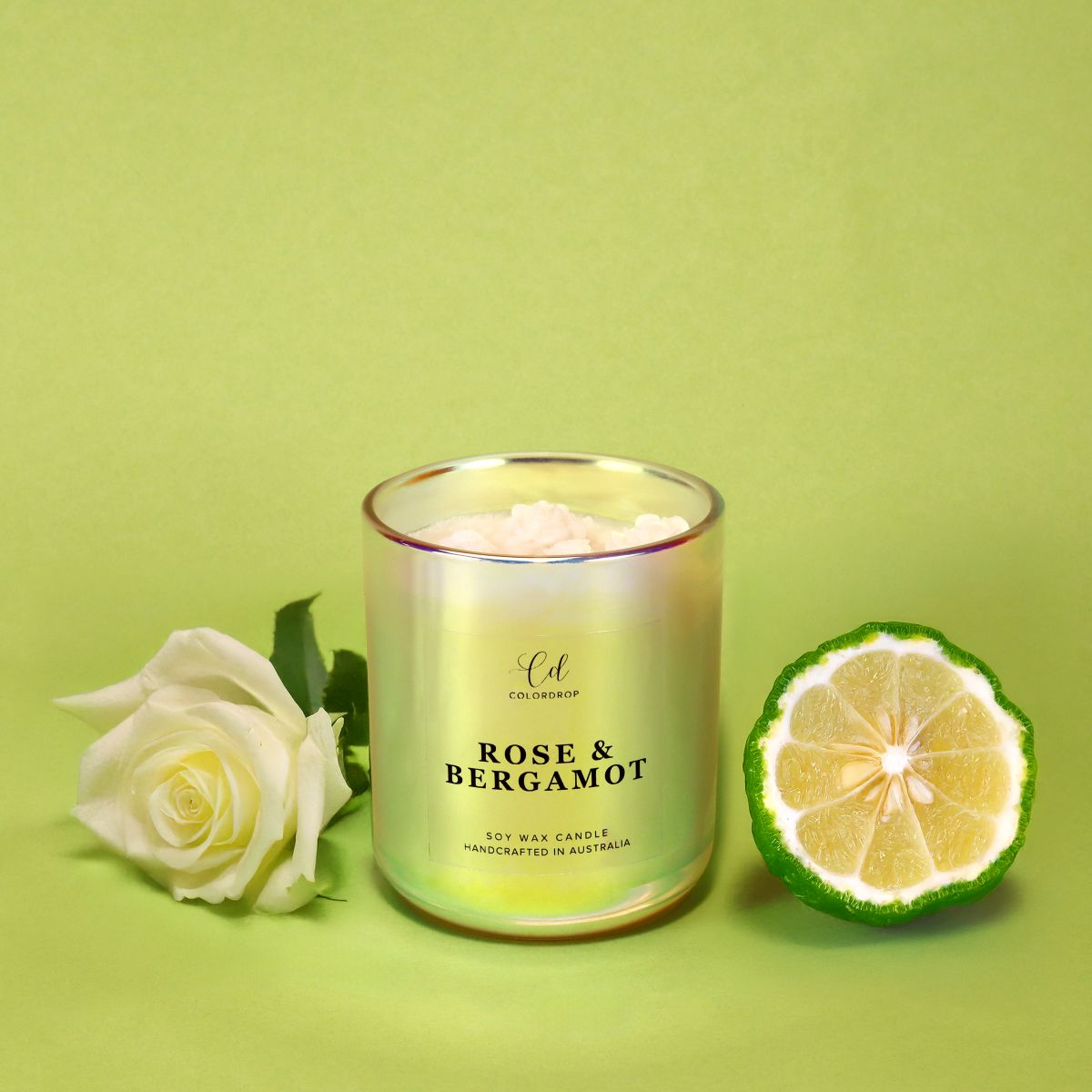 Natural soy candle with the floral notes of Rose and citrusy Bergamot for romantic ambiance