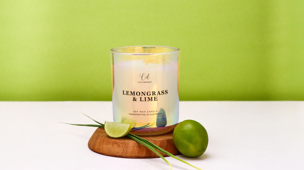Lemongrass & Lime soy candle in elegant glass jar with infused with refreshing Lemongrass & Lime scents.