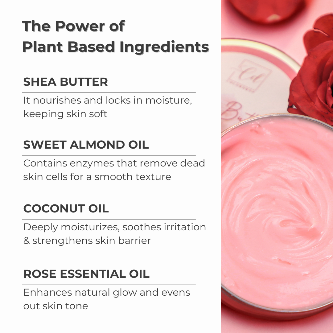 Rose Body Butter with natural ingredients like shea butter, sweet almond oil, coconut oil, and rose essential oil for deep hydration and skin nourishment.