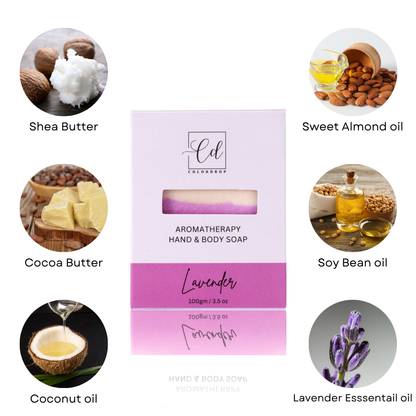 Aromatherapy hand and body soap packaging with ingredients displayed around it.
