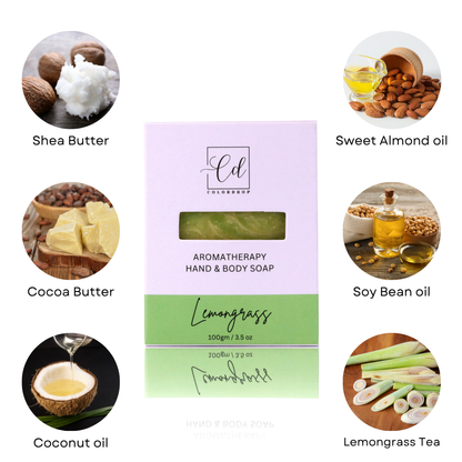 Aromatherapy hand and body soap packaging with images of ingredients around it.