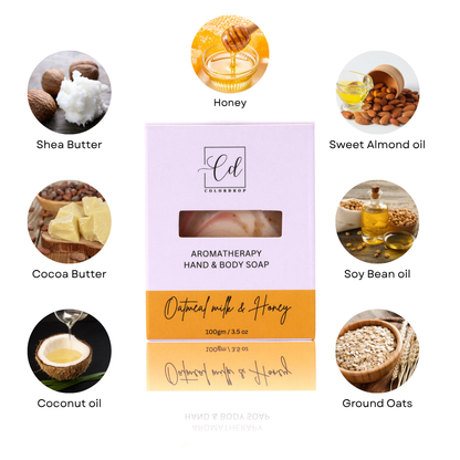 Aromatherapy hand and body soap packaging with ingredients displayed around it.