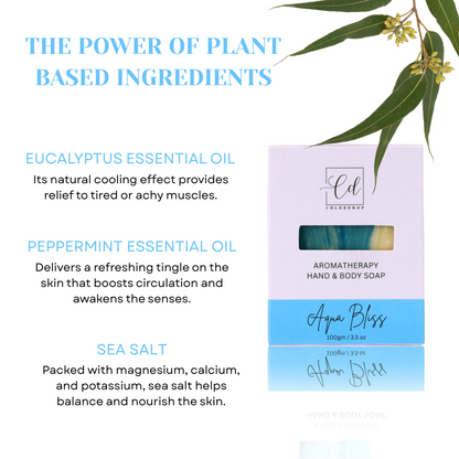 Aromatherapy hand and body soap packaging with eucalyptus essential oil, peppermint essential oil, and sea salt benefits.