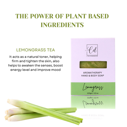 Aromatherapy hand and body soap packaging with lemongrass tea benefits