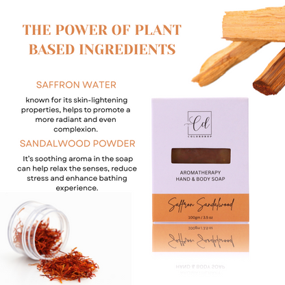 Sandalwood powder and saffron water with a soap packaging on a white background, highlighting plant-based ingredients.