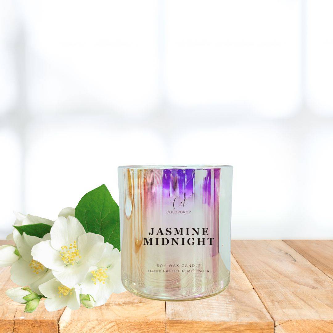 Jasmine midnight soy candle in elegant glass jar for calming atmosphere or relexation