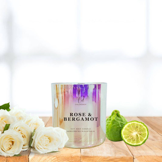 "Natural soy candle with the floral notes of Rose and citrusy Bergamot for romantic ambiance