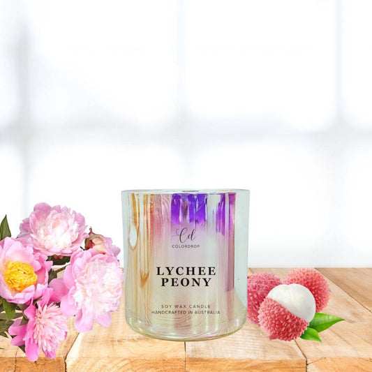 Lychee peony soy candle in elegant glass jar with exotic Lychee peony fragrance