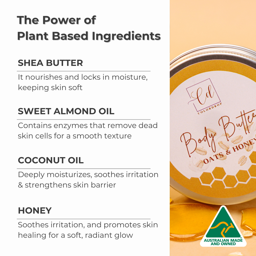 Body butter with plant-based ingredients such as shea butter, coconut oil, honey and almond oil.