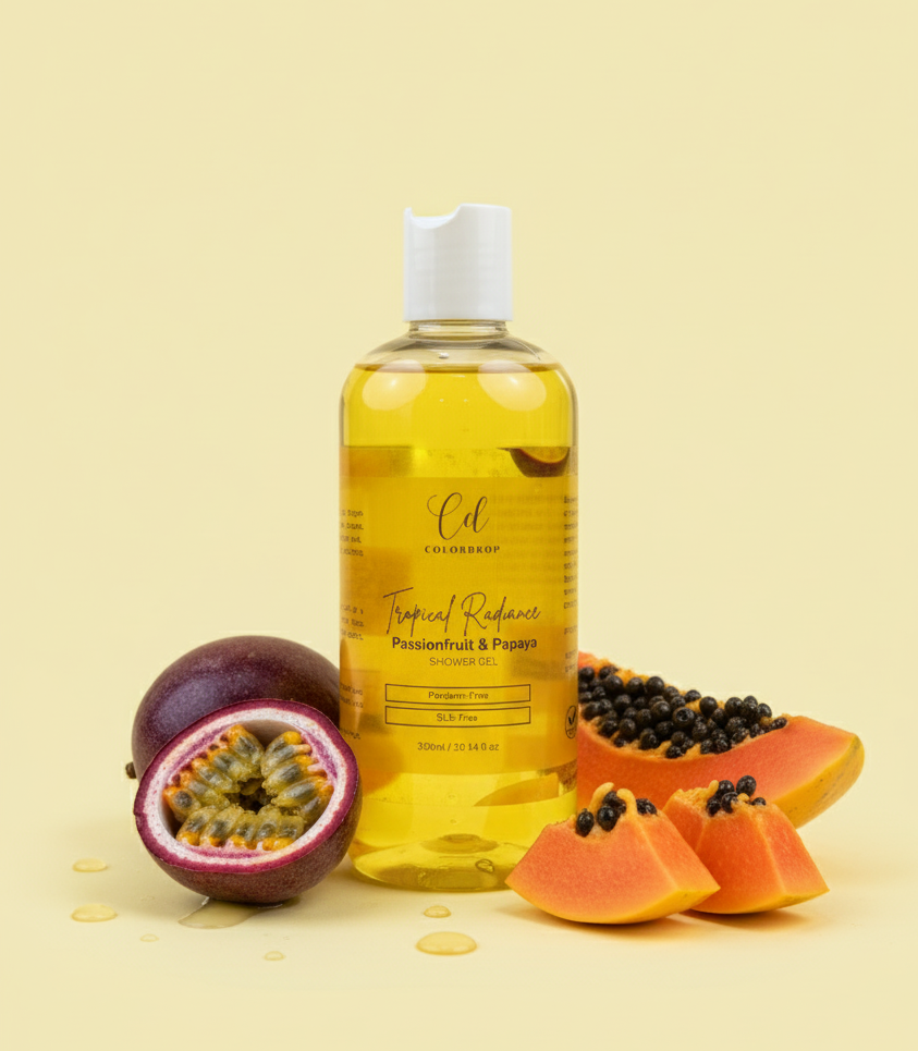 Passionfruit and papaya shower gel in bottle for all skin type.