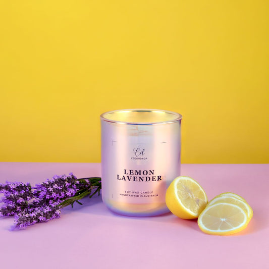 Hand-poured lemon lavender candle for aromatherapy with notes of fresh lemon and lavender