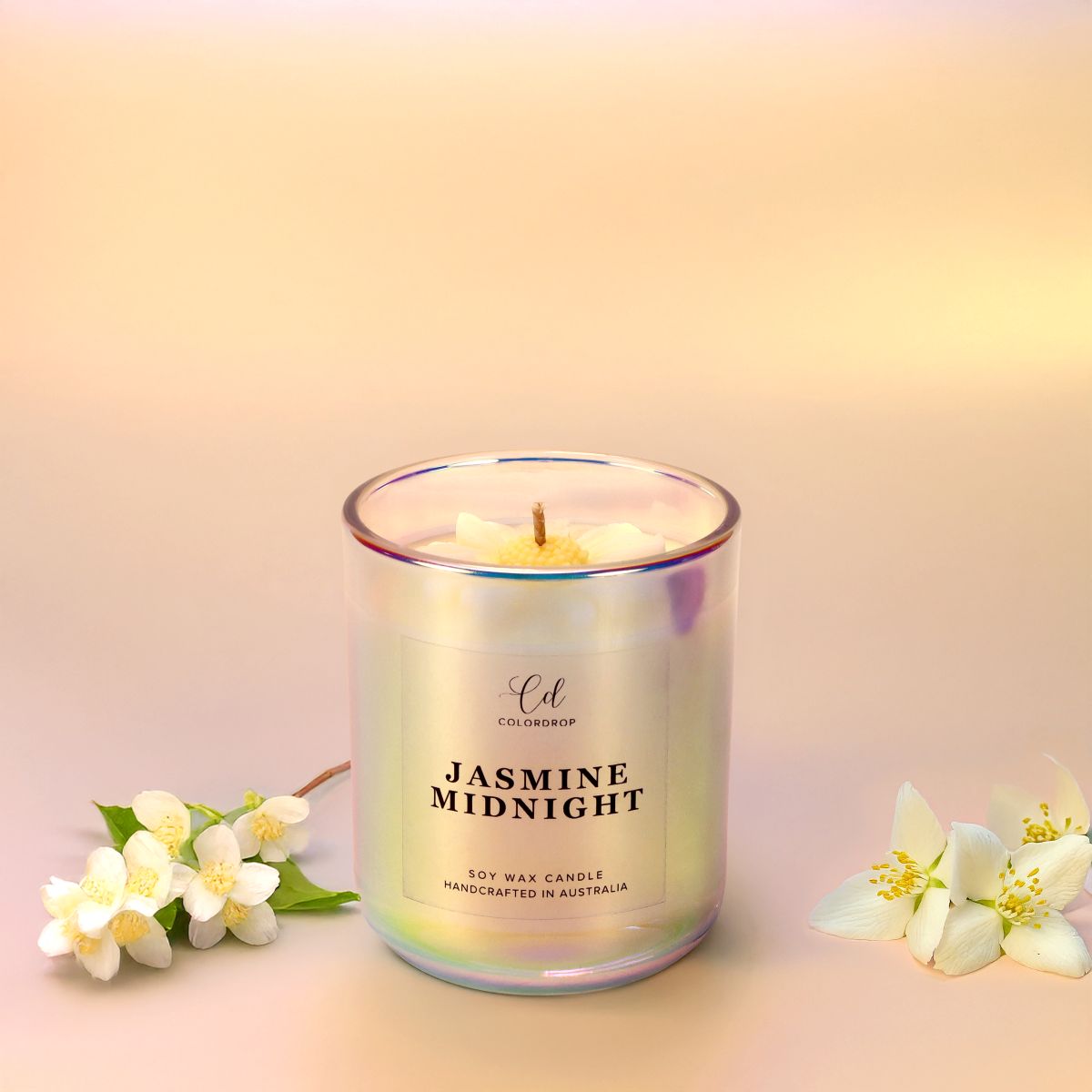 Jasmine midnight soy candle in elegant glass jar for calming atmosphere or relexation