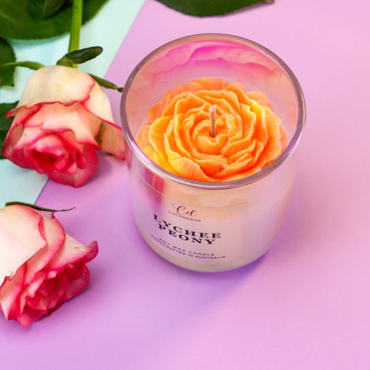 Lychee Peony Soy Candle with notes of lychee, raspberry, pink peony petals and jasmine