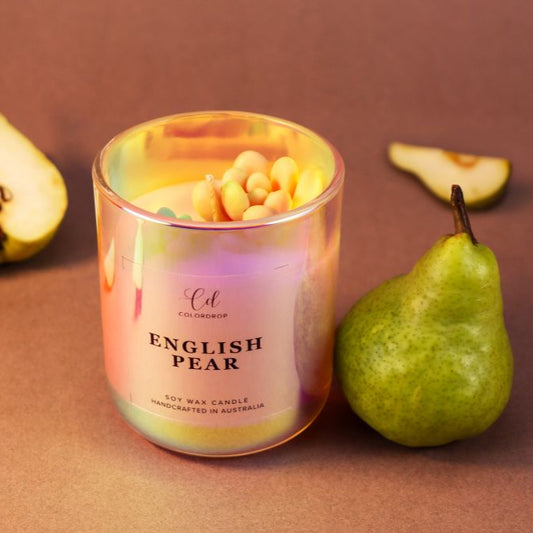 English Pear & Freesia Soy Scented candle in premium jar with long last up to 60 hours.