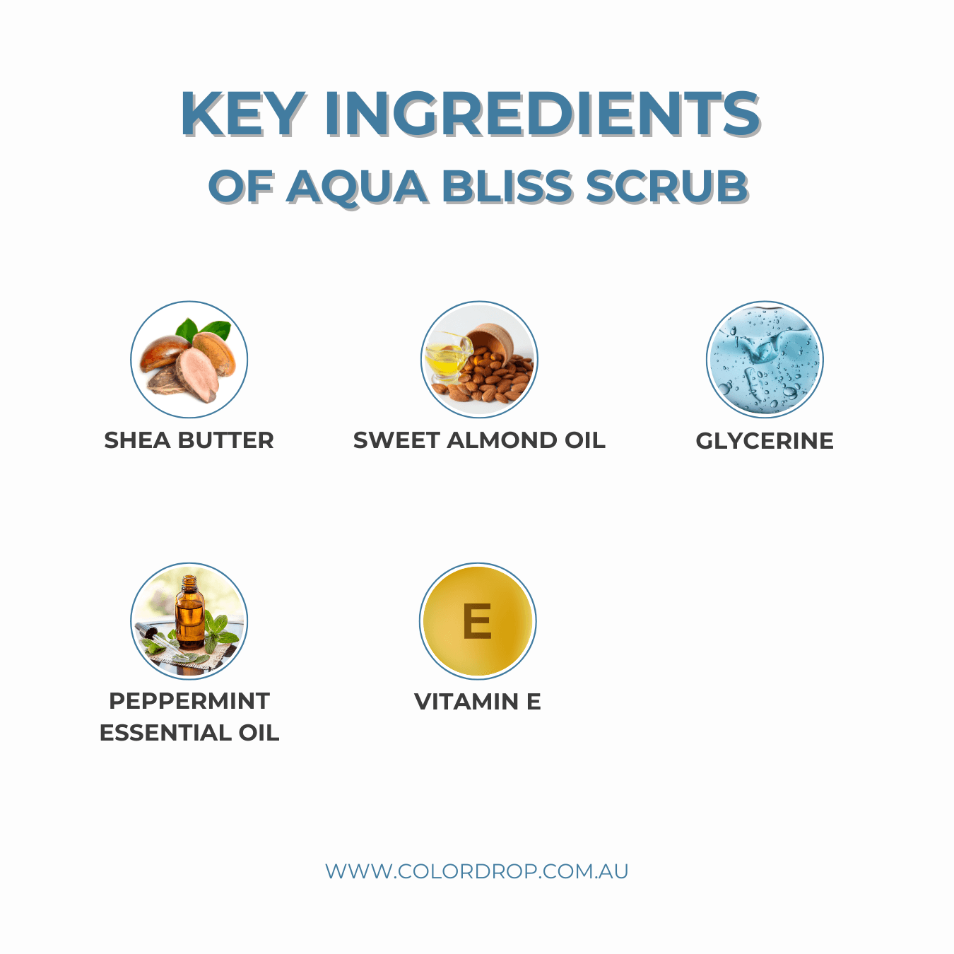 Key ingredients of Aqua Bliss Scrub: Shea butter, glycerine, peppermint essential oil, sweet almond oil, and Vitamin E. Available at www.colordrop.com.au.