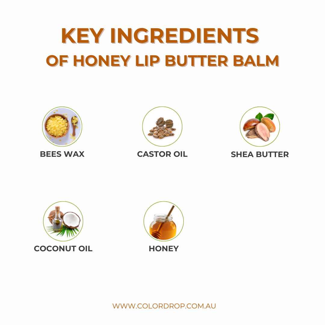 A list of key ingredients for Honey Lip Butter Balm, including shea butter, castor oil, coconut oil, honey, and beeswax.