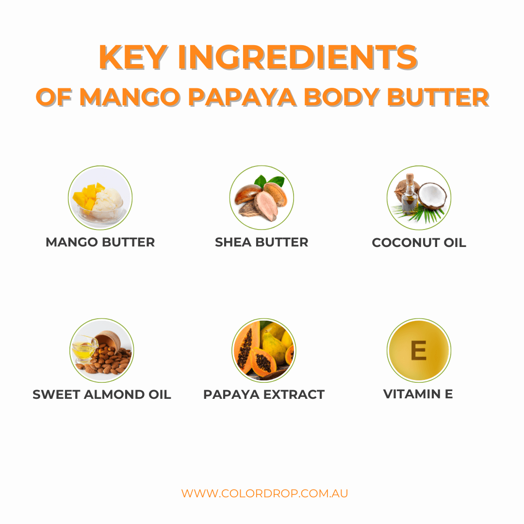 Key ingredients of Mango Papaya Body Butter, including mango butter, shea butter, coconut oil, sweet almond oil, papaya extract, and vitamin E.