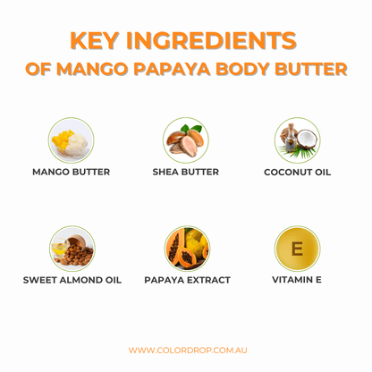 Key ingredients of Mango Papaya Body Butter, including mango butter, shea butter, coconut oil, sweet almond oil, papaya extract, and vitamin E.
