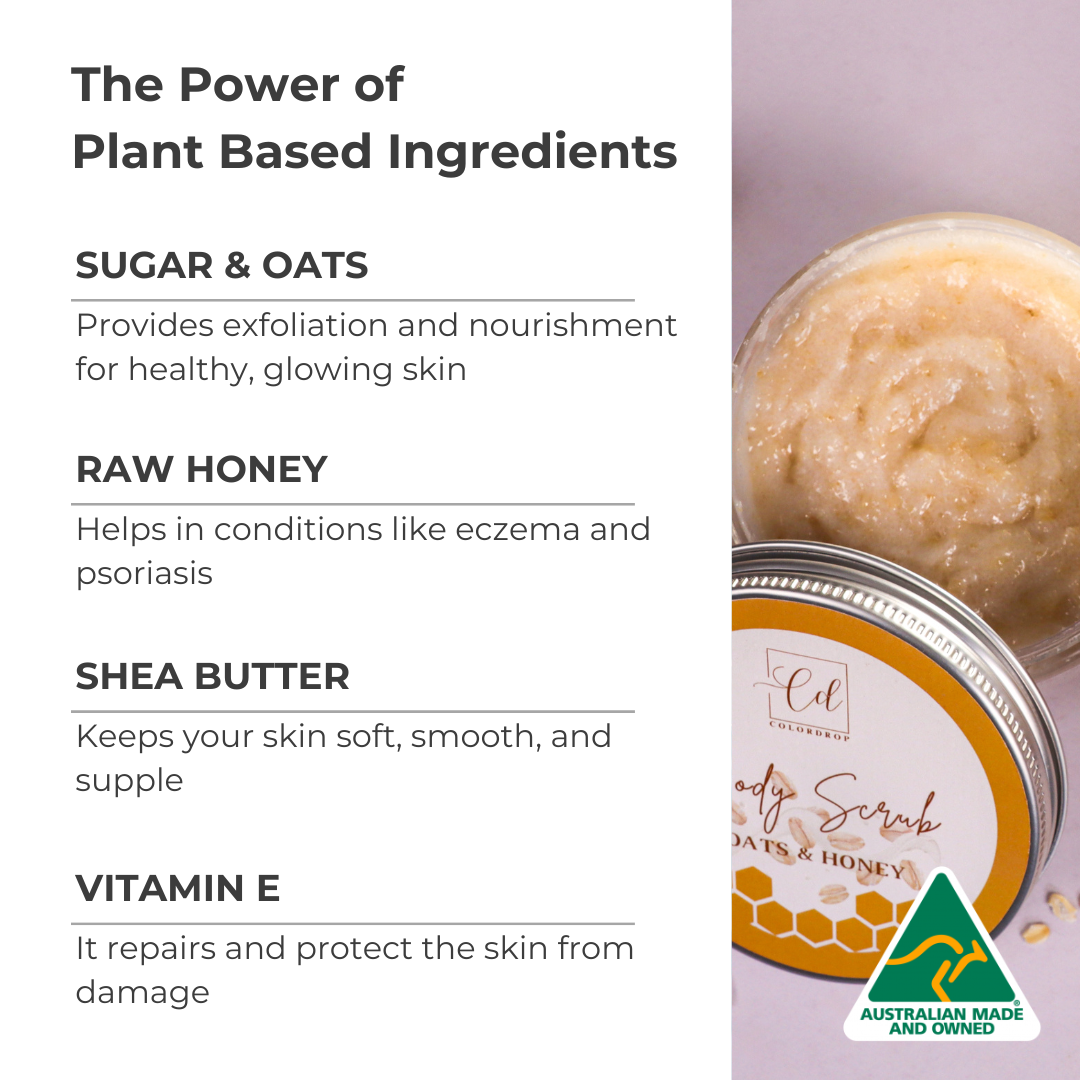 A nourishing body scrub made with plant-based ingredients, including sugar, oats, raw honey, shea butter, and vitamin E. Provides gentle exfoliation, deep hydration, and skin repair benefits. Proudly Australian-made and owned.
