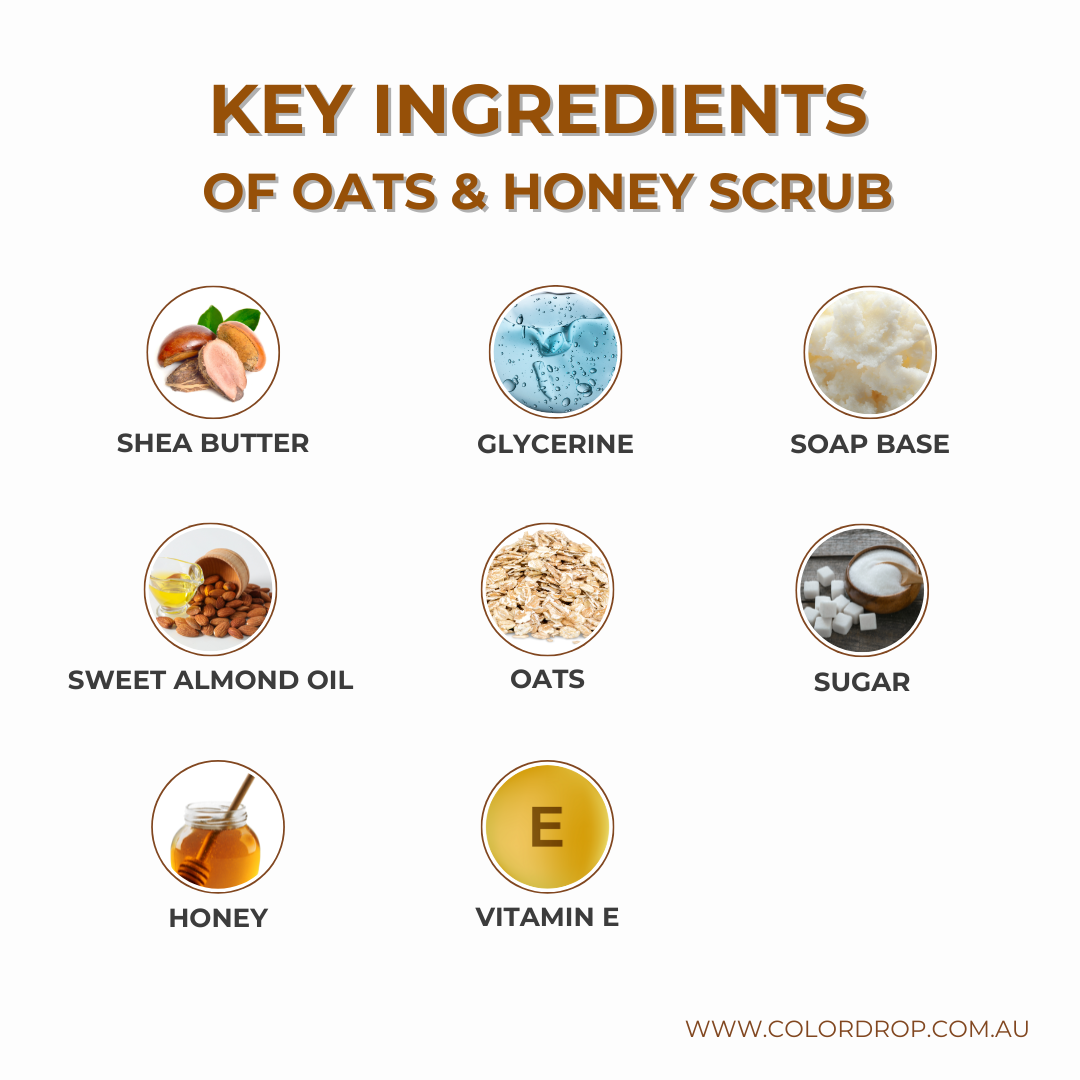 Key ingredients of the Oats & Honey Body Scrub, including shea butter, glycerine, soap base, sweet almond oil, oats, sugar, honey, and vitamin E. Each ingredient is carefully selected to provide nourishment, hydration, and gentle exfoliation for smooth, radiant skin