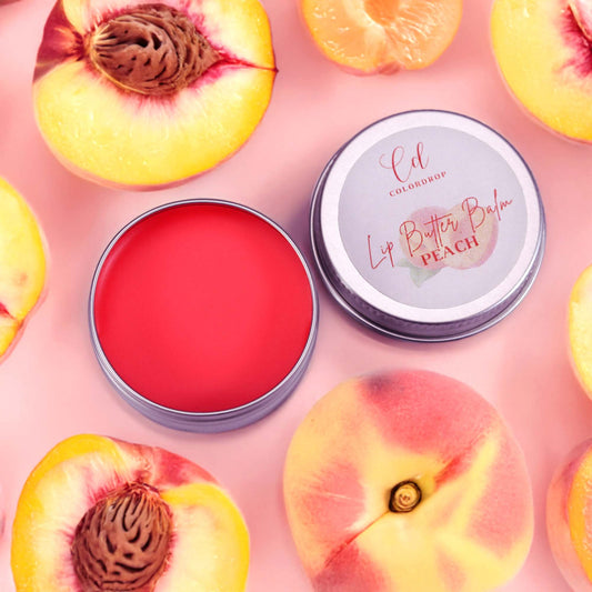 Fruity peach lip balm for daily lip care in a compact tin container