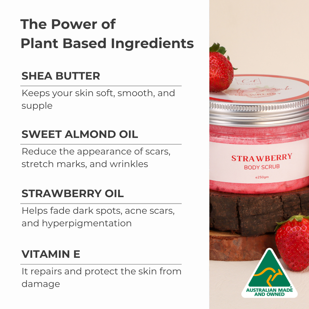 The Power of Plant-Based Ingredients: Shea butter keeps skin soft, smooth, and supple. Sweet almond oil reduces the appearance of scars, stretch marks, and wrinkles. Strawberry oil helps fade dark spots, acne scars, and hyperpigmentation. Vitamin E repairs and protects the skin from damage.